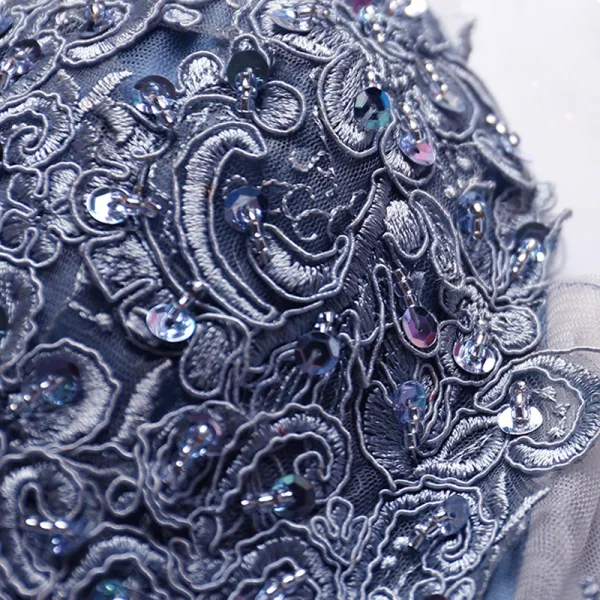 Elegant Pool Blue Prom Dresses 2020 A-Line / Princess Spaghetti Straps Rhinestone Sequins Lace Flower Sleeveless Backless Cascading Ruffles Floor-Length / Long Formal Dresses