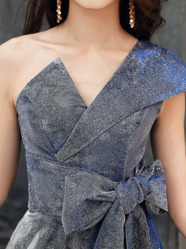 Glitzernden Marineblau Glanz Abendkleider 2020 A Linie One-Shoulder Schleife Ärmellos Rückenfreies Lange Festliche Kleider