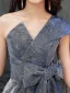 Glitzernden Marineblau Glanz Abendkleider 2020 A Linie One-Shoulder Schleife Ärmellos Rückenfreies Lange Festliche Kleider
