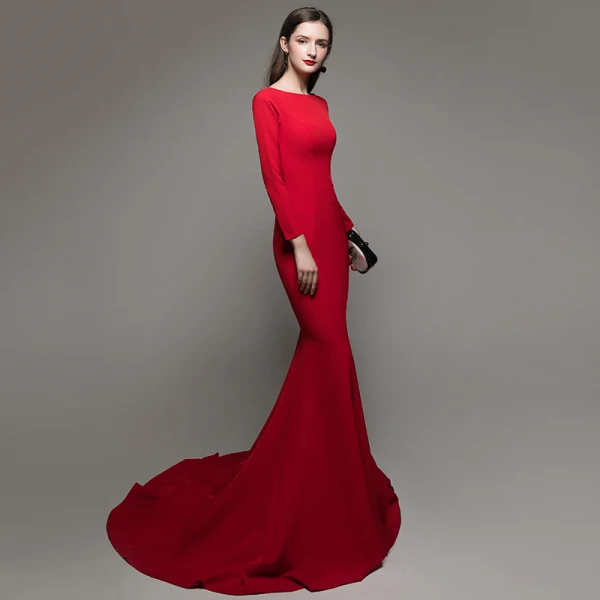 Chic Couleur Unie Rouge Robe De Soirée 2020 Trompette / Sirène Encolure Carrée Manches Longues Dos Nu Train De Balayage Robe De Ceremonie