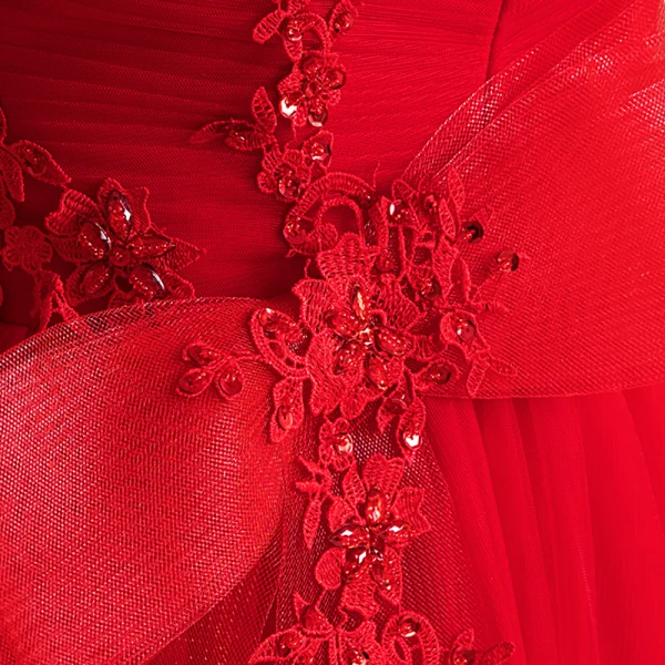 Chic / Beautiful Red Prom Dresses 2020 A-Line / Princess V-Neck Bow Beading Sequins Lace Flower Sleeveless Backless Floor-Length / Long Formal Dresses