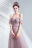 Schöne Violett Abendkleider 2020 A Linie Off Shoulder Perlenstickerei Applikationen Blumen Spitze Pailletten Ärmellos Rückenfreies Lange Festliche Kleider