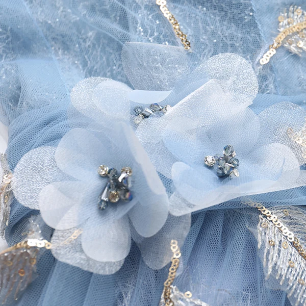 Vintage / Retro Sky Blue Evening Dresses 2020 A-Line / Princess High Neck Appliques Crystal Lace Flower Rhinestone Sequins Long Sleeve Backless Sweep Train Formal Dresses