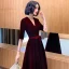 Elegant Burgundy Suede Evening Dresses  2021 A-Line / Princess V-Neck Bow 1/2 Sleeves Floor-Length / Long Evening Party Formal Dresses