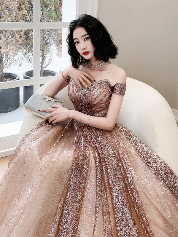 Sexy Blushing Pink Sequins Pearl Prom Dresses 2021 A-Line / Princess Off-The-Shoulder Backless Short Sleeve Floor-Length / Long Formal Dresses