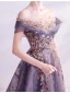 Elegant Purple Glitter Prom Dresses 2020 A-Line / Princess Scoop Neck Beading Rhinestone Sequins Lace Flower Short Sleeve Backless Sweep Train