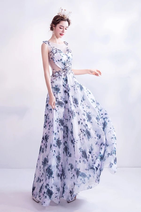 Charmant Océan Bleu Ivoire Florale Robe De Soirée 2020 Princesse Encolure Dégagée Paillettes Appliques Impression Sans Manches Dos Nu Longue Robe De Ceremonie