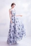 Charmant Océan Bleu Ivoire Florale Robe De Soirée 2020 Princesse Encolure Dégagée Paillettes Appliques Impression Sans Manches Dos Nu Longue Robe De Ceremonie