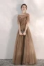 Elegant Brown Evening Dresses  2020 A-Line / Princess Scoop Neck Rhinestone Sequins Short Sleeve Backless Floor-Length / Long Formal Dresses