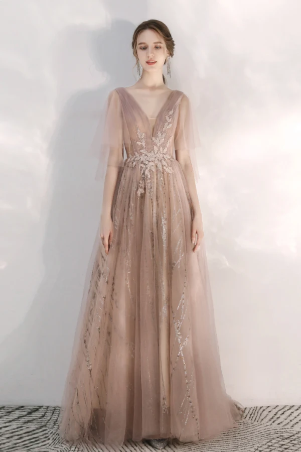 Chic / Beautiful Champagne Evening Dresses  2020 A-Line / Princess V-Neck Glitter Beading Lace Flower Rhinestone Sequins 1/2 Sleeves Backless Floor-Length / Long Formal Dresses