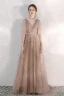 Chic / Beautiful Champagne Evening Dresses  2020 A-Line / Princess V-Neck Glitter Beading Lace Flower Rhinestone Sequins 1/2 Sleeves Backless Floor-Length / Long Formal Dresses