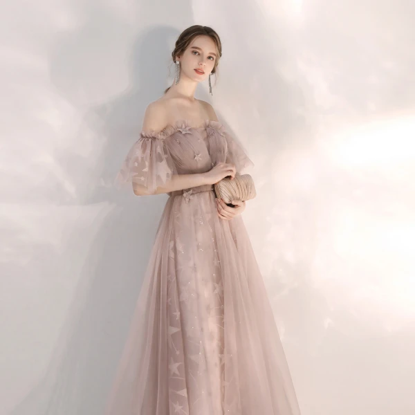 Classy Nude Prom Dresses 2020 A-Line / Princess Ruffle Off-The-Shoulder Star Lace Short Sleeve Backless Floor-Length / Long Formal Dresses