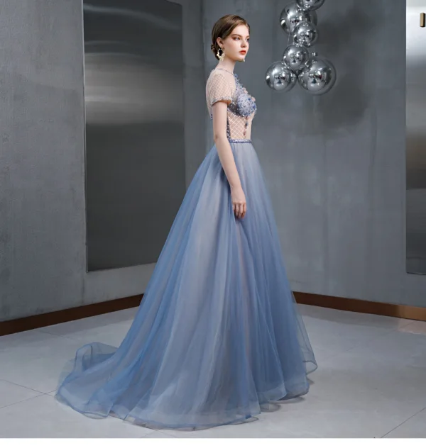 Chic / Belle Bleu Ciel Robe De Soirée 2020 Princesse Encolure Dégagée Perlage Appliques Paillettes Manches Courtes Longue Robe De Ceremonie
