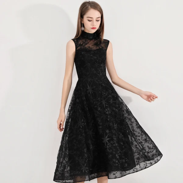 Modest / Simple Homecoming Little Black Dress 2020 A-Line / Princess High Neck Star Lace Sleeveless Knee-Length Graduation Dresses