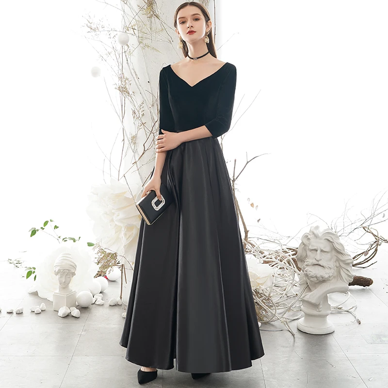 Modest Simple Black Evening Dresses 2020 A-Line Princess Suede V-Neck Bow 1/2 Sleeves