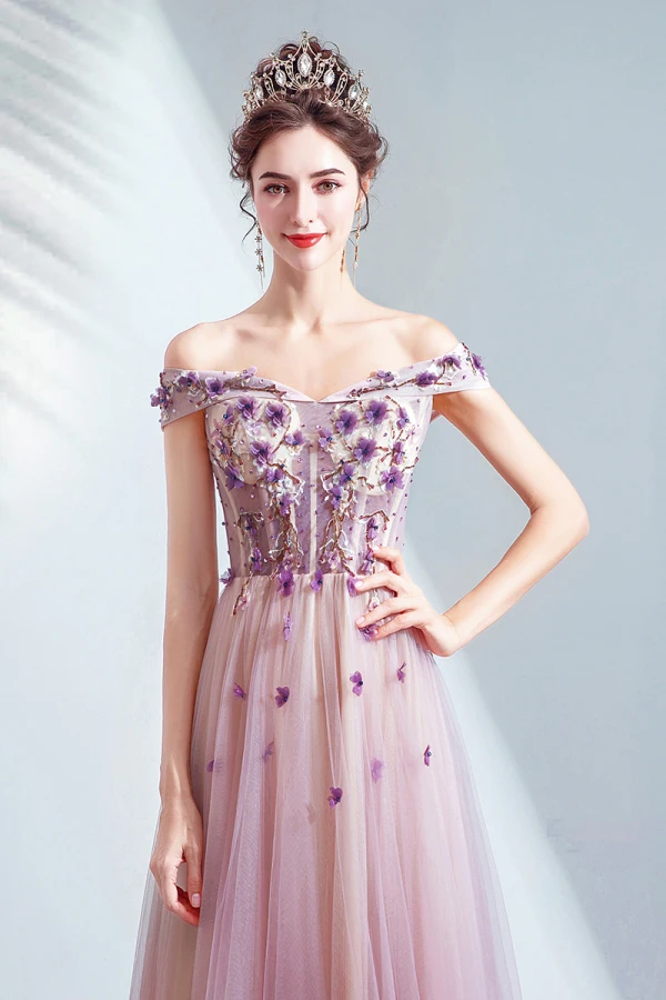Chic / Beautiful Purple Prom Dresses 2020 A-Line / Princess Off-The-Shoulder Beading Crystal Appliques Lace Flower Sleeveless Backless Floor-Length / Long Formal Dresses