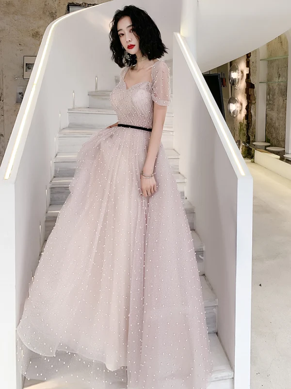 Charming Blushing Pink Pearl Prom Dresses 2021 A-Line / Princess Square Neckline Short Sleeve Backless Floor-Length / Long Formal Dresses