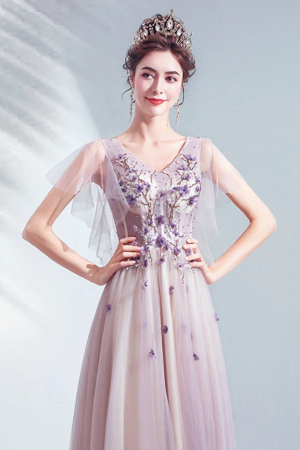 Chic / Belle Violet Robe De Bal 2020 Princesse V-Cou Appliques En Dentelle Fleur Perlage Cristal Manches Courtes Dos Nu Longue Robe De Ceremonie