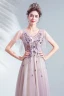 Chic / Belle Violet Robe De Bal 2020 Princesse V-Cou Appliques En Dentelle Fleur Perlage Cristal Manches Courtes Dos Nu Longue Robe De Ceremonie