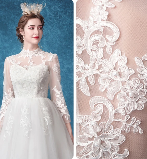 Erschwinglich Ivory / Creme Brautkleider / Hochzeitskleider 2020 A Linie Stehkragen Perle Spitze Blumen 3/4 Ärmel Wadenlang