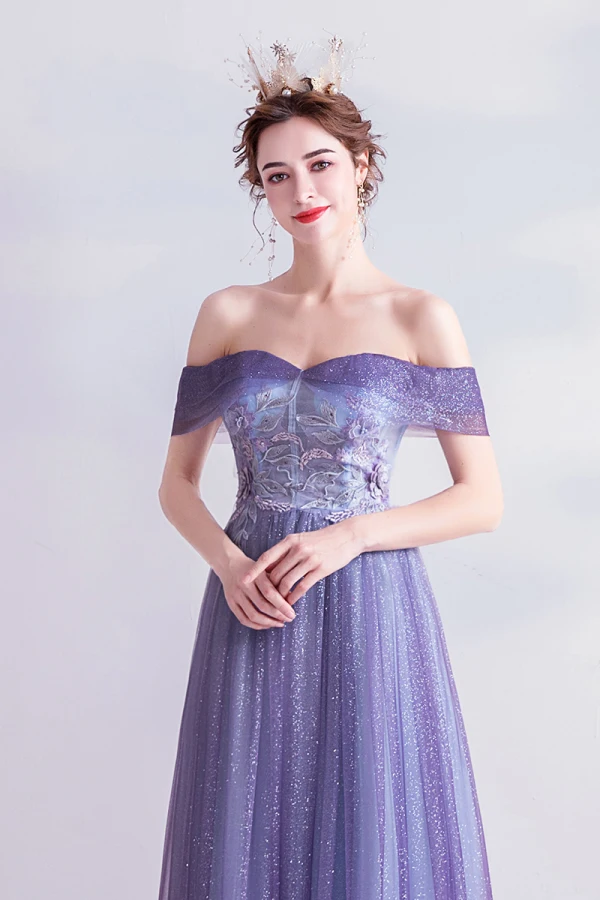 Charming Lavender Prom Dresses 2020 A-Line / Princess Glitter Tulle Off-The-Shoulder Pearl Rhinestone Lace Flower Short Sleeve Backless Floor-Length / Long Formal Dresses