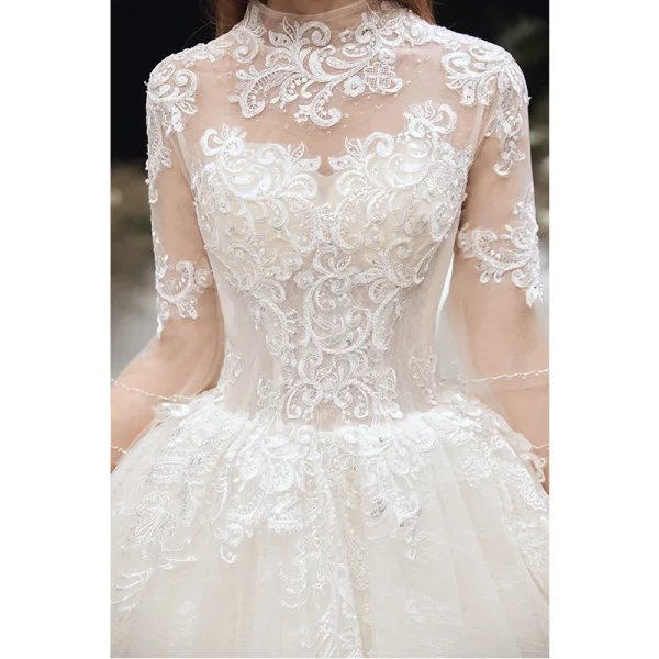 Classy Ivory Wedding Dresses 2020 Ball Gown High Neck Beading Sequins Lace Flower 3/4 Sleeve Backless Chapel Train