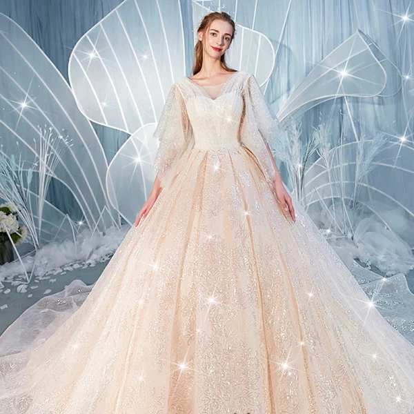 Scintillantes Champagne Paillettes Robe De Mariée 2020 Robe Boule V-Cou Perlage 1/2 Manches Dos Nu Cathedral Train