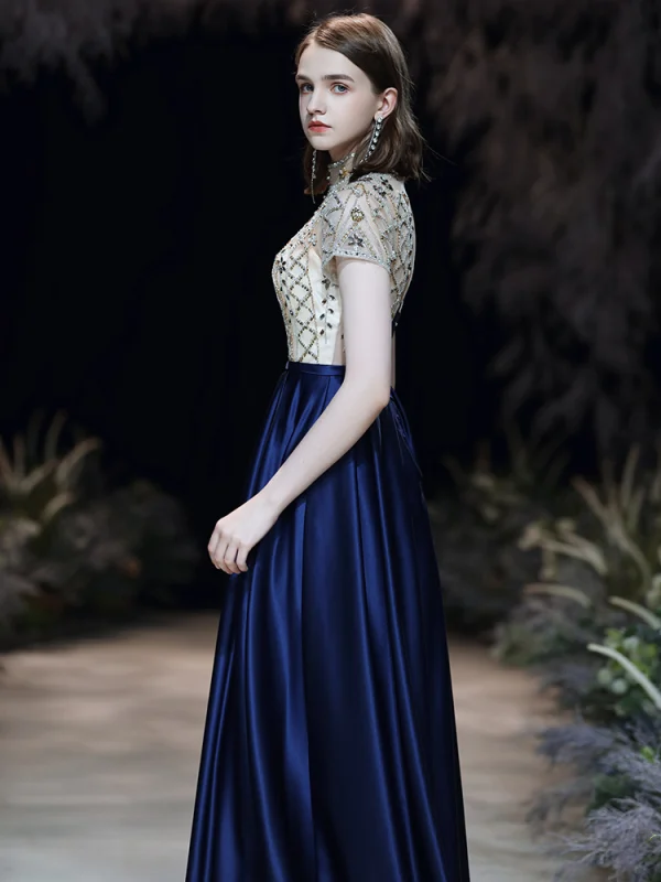 Chic Bleu Roi Robe De Soirée 2020 Princesse Col Haut Perlage Faux Diamant Paillettes Manches Courtes Dos Nu Longue Robe De Ceremonie