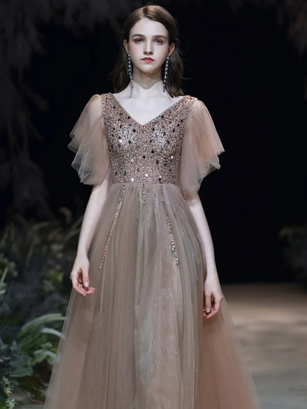 Charming Brown Evening Dresses 2020 A-Line / Princess V-Neck Beading  Sequins Short Sleeve Backless Floor-Length / Long Formal Dresses