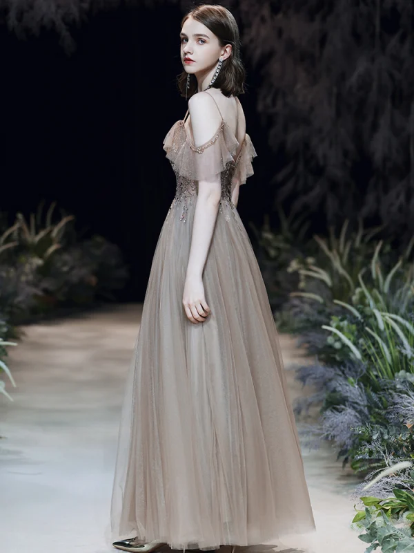 Fashion Brown Evening Dresses  2020 A-Line / Princess Spaghetti Straps Beading Rhinestone Sequins Sleeveless Backless Floor-Length / Long Formal Dresses