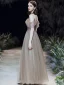 Fashion Brown Evening Dresses  2020 A-Line / Princess Spaghetti Straps Beading Rhinestone Sequins Sleeveless Backless Floor-Length / Long Formal Dresses