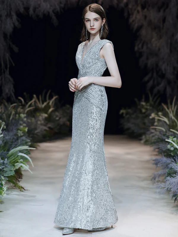 Scintillantes Argenté Paillettes Robe De Soirée 2020 Trompette / Sirène Col v profond Sans Manches Dos Nu Longue Robe De Ceremonie