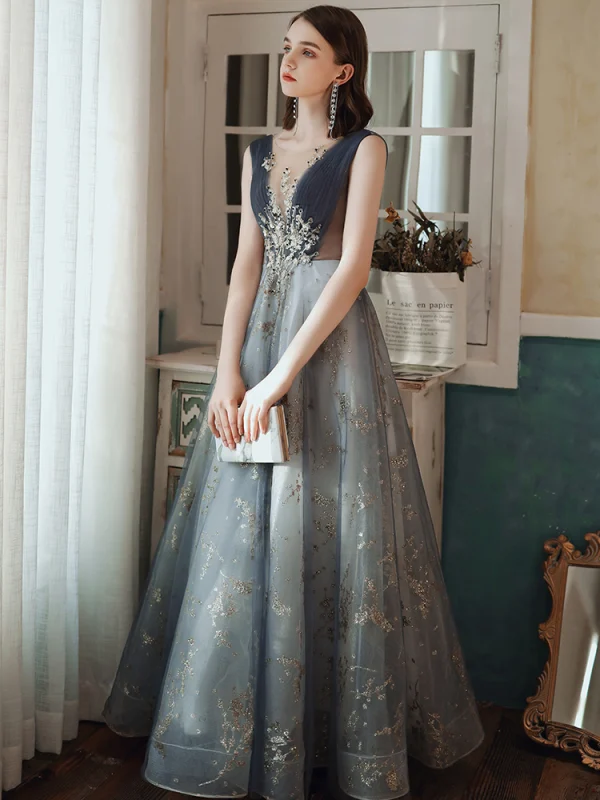 Chic / Belle Océan Bleu Robe De Bal 2020 Princesse Encolure Dégagée Perlage Glitter Paillettes En Dentelle Fleur Faux Diamant Sans Manches Dos Nu Longue Robe De Ceremonie
