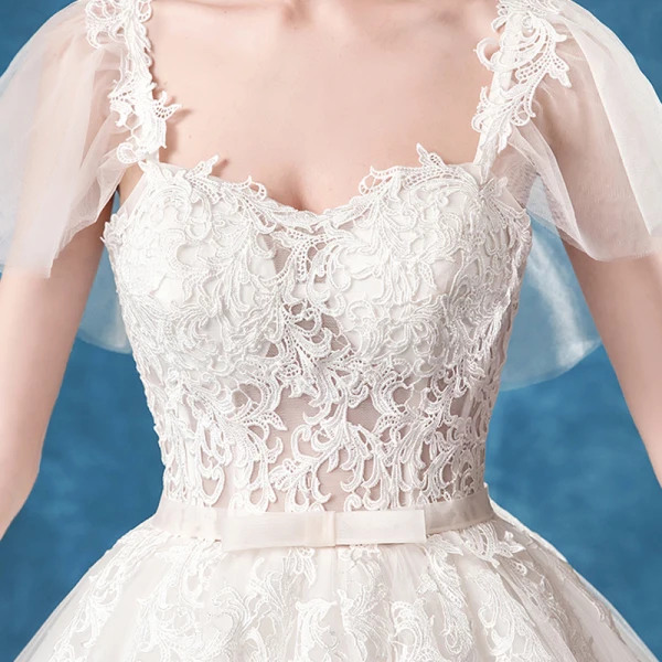 Chic / Belle Ivoire Robe De Mariée 2020 Robe Boule Encolure Carrée Noeud En Dentelle Fleur Manches Courtes Dos Nu Tribunal Train