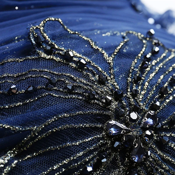 Vintage / Retro Navy Blue Prom Dresses 2020 A-Line / Princess Ruffle Off-The-Shoulder Crystal Glitter Tulle Short Sleeve Backless Floor-Length / Long Formal Dresses