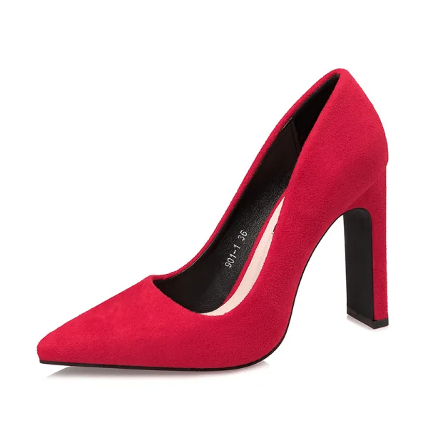 Simple Rouge Désinvolte Daim Escarpins 2020 10 cm Talons Épais À Bout Pointu Escarpins