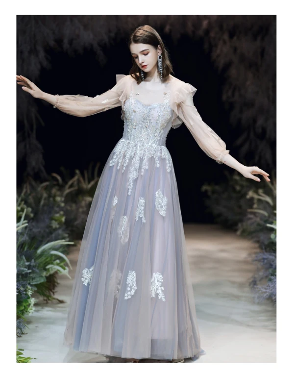 Elegante Azul Cielo Vestidos de noche 2020 A-Line / Princess Scoop Escote Perla Con Encaje Flor Apliques 3/4 Ærmer Sin Espalda Colas De Barrido Vestidos Formales