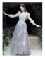 Elegante Azul Cielo Vestidos de noche 2020 A-Line / Princess Scoop Escote Perla Con Encaje Flor Apliques 3/4 Ærmer Sin Espalda Colas De Barrido Vestidos Formales