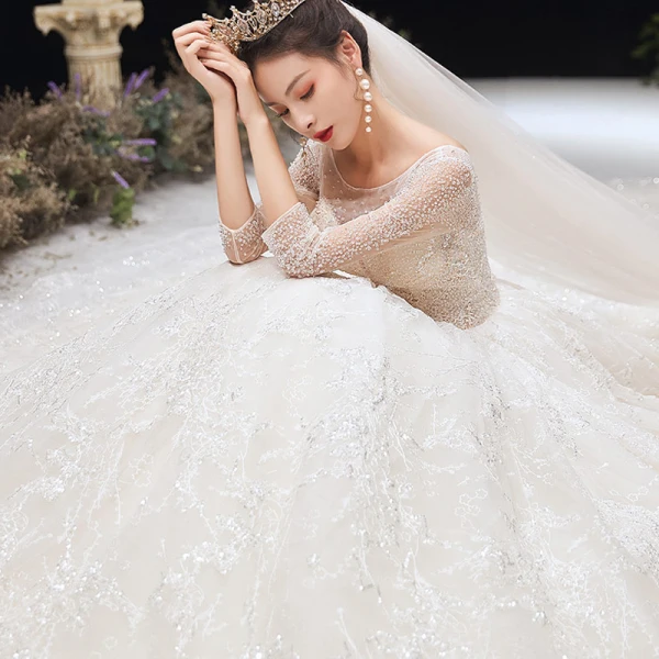 High End Ivory / Creme Brautkleider / Hochzeitskleider 2020 Ballkleid Rundhalsausschnitt Perlenstickerei Kristall Pailletten Spitze Blumen 3/4 Ärmel Rückenfreies Kathedrale Schleppe