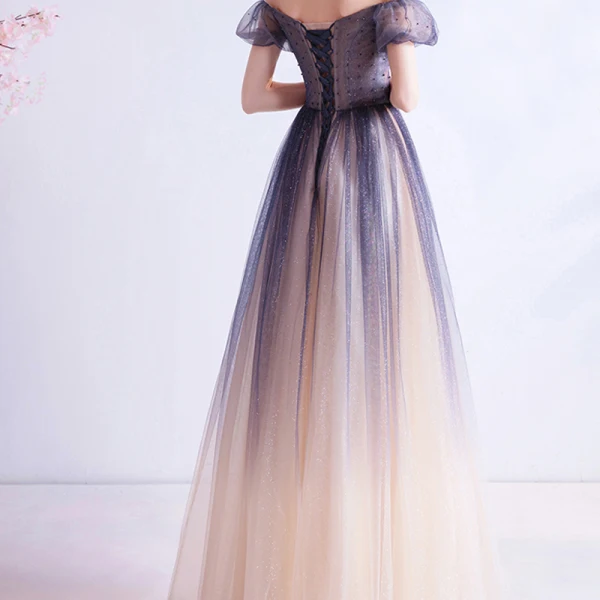 Charming Navy Blue Gradient-Color Prom Dresses 2020 A-Line / Princess Off-The-Shoulder Crystal Glitter Tulle Short Sleeve Backless Formal Dresses