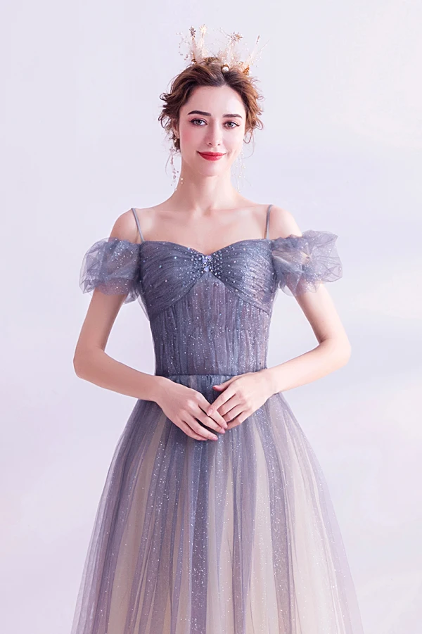 Charmant Bleu Ciel Dégradé De Couleur Robe De Bal 2020 Princesse Bretelles Spaghetti Faux Diamant Glitter Tulle Manches Courtes Dos Nu Longue Robe De Ceremonie