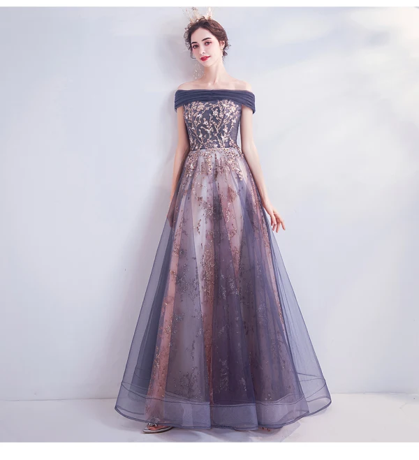 Edles Marineblau Ballkleider 2020 A Linie Off Shoulder Glanz Perlenstickerei Strass Pailletten Applikationen Ärmellos Rückenfreies Lange Festliche Kleider