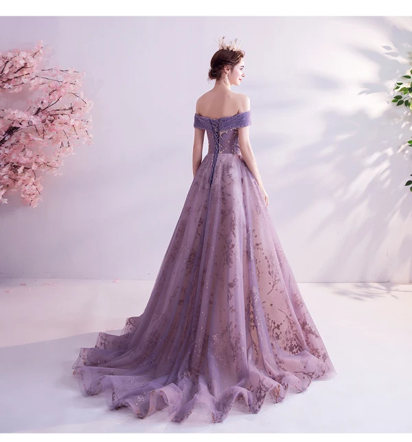 Charming Purple Prom Dresses 2020 A-Line / Princess Off-The-Shoulder Glitter Beading Pearl Rhinestone Sequins Sleeveless Backless Court Train Formal Dresses