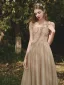 Chic / Beautiful Champagne Prom Dresses 2021 A-Line / Princess Spaghetti Straps Lace Flower Sleeveless Backless Floor-Length / Long Formal Dresses
