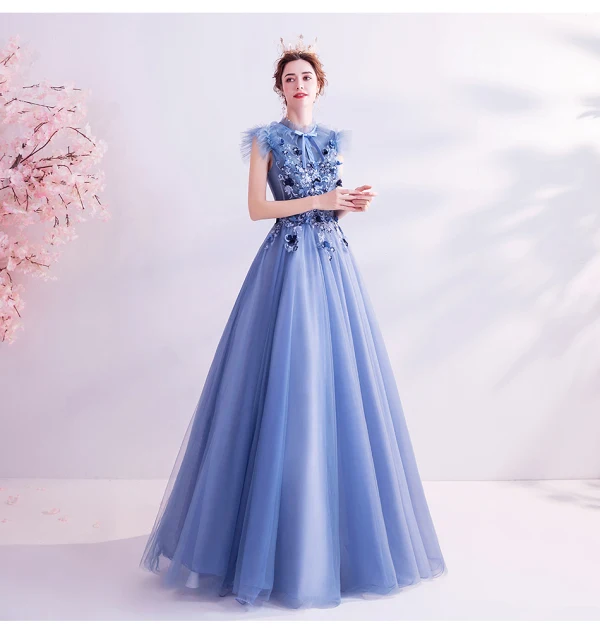 Vintage / Retro Ocean Blue Prom Dresses 2020 A-Line / Princess High Neck Bow Lace Flower Appliques Sleeveless Backless Floor-Length / Long Formal Dresses