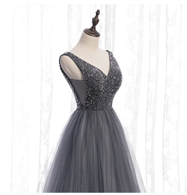 Chic / Beautiful Grey Prom Dresses 2020 A-Line / Princess V-Neck Beading Crystal Sleeveless Backless Floor-Length / Long Formal Dresses