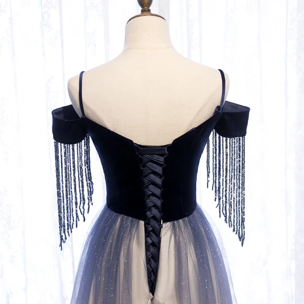 Charmant Bleu Marine Dégradé De Couleur Glitter Robe De Soirée 2020 Princesse Daim Bretelles Spaghetti Perlage Gland Manches Courtes Dos Nu Longue Robe De Ceremonie