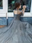 Charmant Gris Robe De Soirée 2020 Princesse Glitter Tulle Col Haut Perlage Faux Diamant 1/2 Manches Dos Nu Longue Robe De Ceremonie