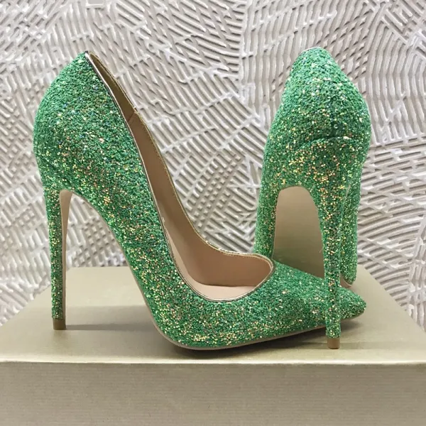 Sparkly Green Evening Party Pumps 2020 Sequins 12 cm Stiletto Heels Pointed Toe Pumps