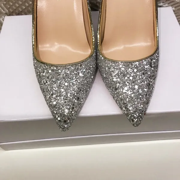 Sparkly Sølv Aften Pumps 2020 Paljetter 12 cm Stiletthæler Spisse Pumps